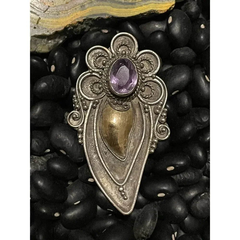 Vintage Sterling Silver & Brass Scroll Pin Brooch Teardrop Cluster Amethyst
